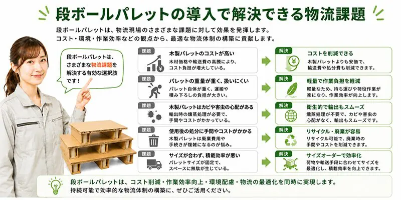 段ボールパレットとは？メリット・デメリット、選び方、輸出利用に向い